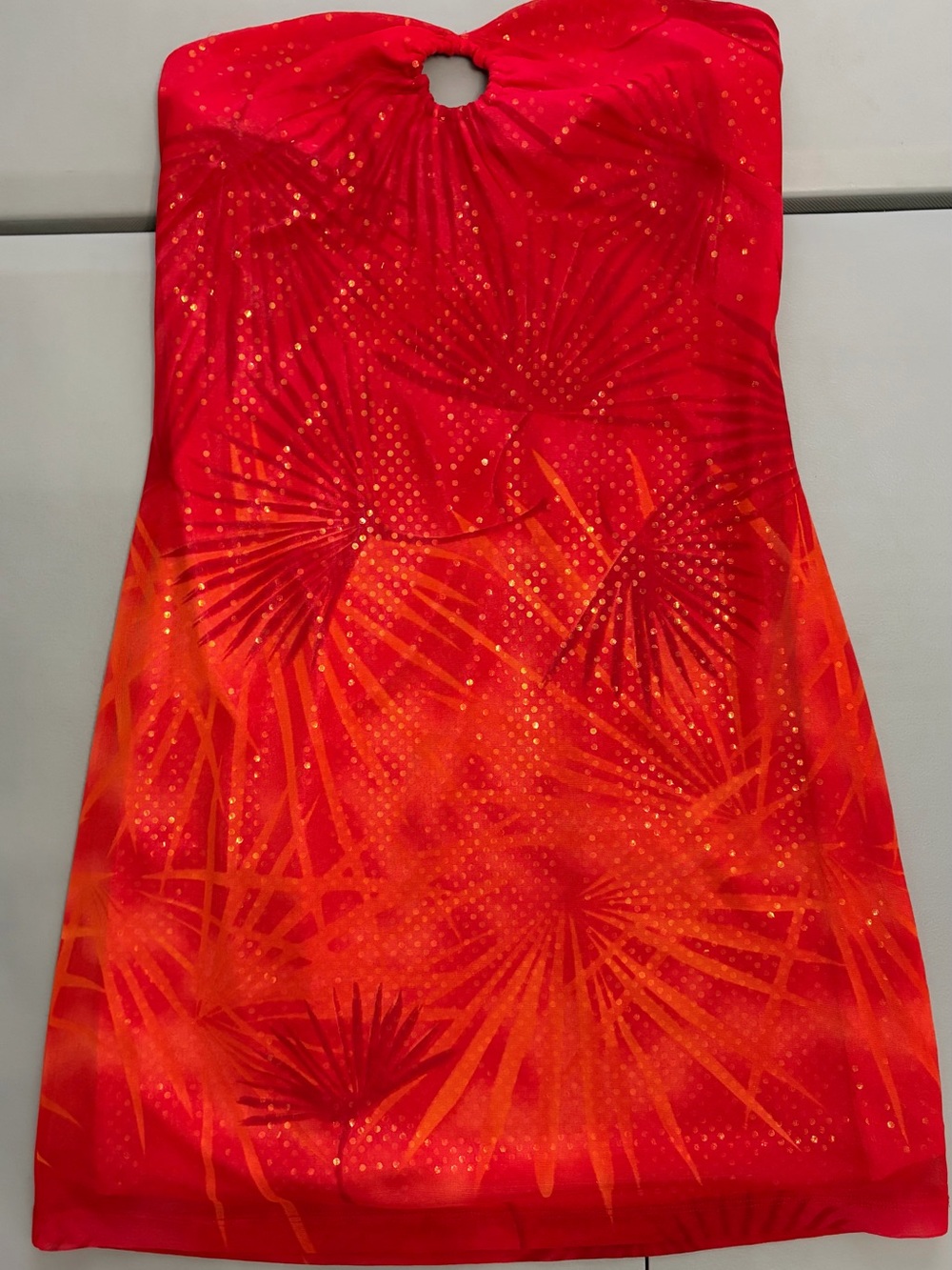 Express Strapless Red and Orange Palm-Print Mini Dress